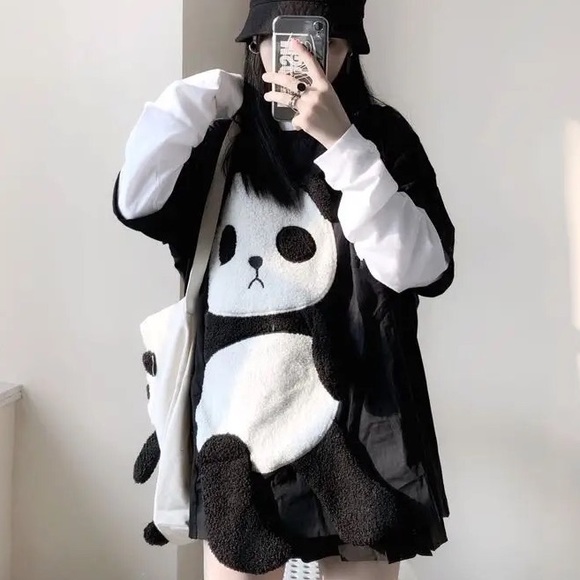 Panda bear shirt long sleeve t-shirt black white combo top - Picture 3 of 3